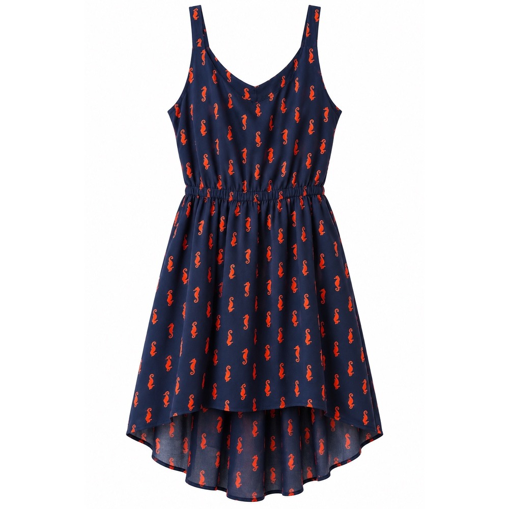 Merona Navy Blue Seahorse Print High Low Dress XL Nautical Sleeveless V-Neck